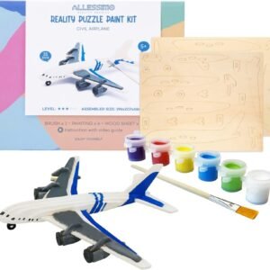 Allessimo 3D Paint Puzzle Reality Wooden (Civil Airplane - 35pcs) Model Paint Kit with Brush Toys for Kids Puzzle Build 3D Puzzles Educational Crafts Building DIY