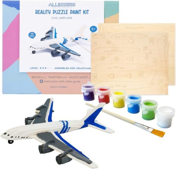 Allessimo 3D Paint Puzzle Reality Wooden (Civil Airplane - 35pcs) Model Paint Kit with Brush Toys for Kids Puzzle Build 3D Puzzles Educational Crafts Building DIY