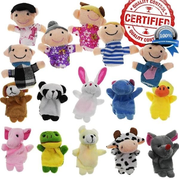 Yabber Finger Puppet Set - [The Original 16 Pack Full Set] 10 Animals + 6 People Family Members [an American Company]