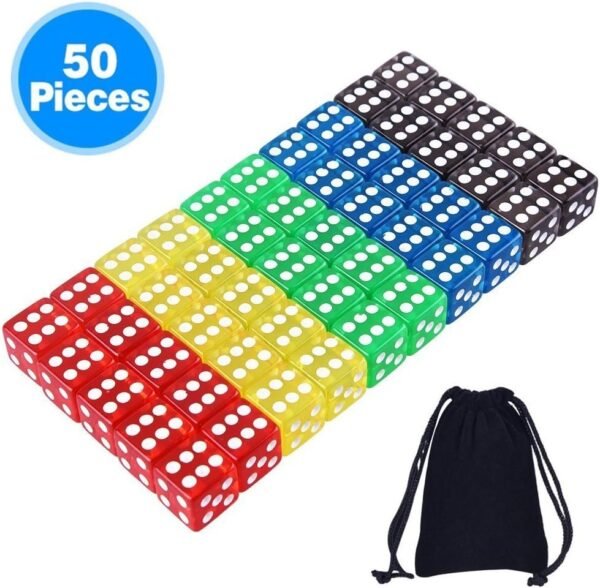 AUSTOR 50 Pieces Game Dice Set 5 Translucent Colors Square Corner Dice with a Free Pouch