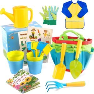 INNOCHEER Kids Gardening Tools with STEM Learning Guide, Watering Can, Gardening Gloves, Shovel, Rake, Trowel & Garden Accessories - Outdoor and Learning Toys All in One Tote( 18 Pieces)