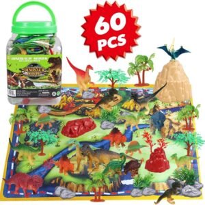 Dinosaur Toy Playset 60 Piece with 26 Educational Realistic Dinosaur Figures, Dinosaur Toy for Boys, Fabric Play Mat, T-Rex, Triceratops, Rocks, Mountain, Trees, Hills, Gift for Kids Girls Ages 3+