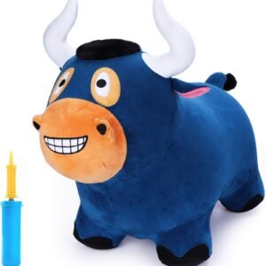 iPlay, iLearn Bouncy Bull Plush Riding Hopper Horse, Inflatable Hopping Farm Animals, Indoor Outdoor Ride on Toy, Toddler Bouncer Jumping Gift W/ Pump for 18 24 Month 2 3 4 5 Year Olds Kids Boys Girls