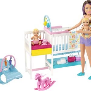 Barbie Nursery Playset with Skipper Babysitters Doll, 2 Baby Dolls, Crib and 10+ Pieces of Working Baby Gear and Themed Toys, Gift Set for 3 to 7 Year Olds, Multicolor
