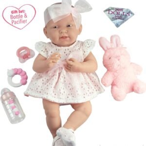 JC Toys La Newborn All-Vinyl-Anatomically Correct Real Girl 15' Doll in White Eyelet Dress with Fluffy Bunny and Accessories Designed by Berenguer