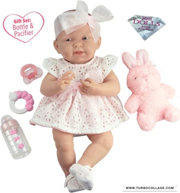 JC Toys La Newborn All-Vinyl-Anatomically Correct Real Girl 15' Doll in White Eyelet Dress with Fluffy Bunny and Accessories Designed by Berenguer