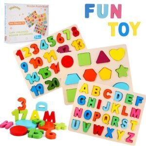 Wooden Puzzles for Toddlers, Welonm Wooden Alphabet ABC Number Shape Puzzles Toddler Learning Puzzle Jigsaw Toys for Kids Ages 2 3 4 5 (Set of 3)