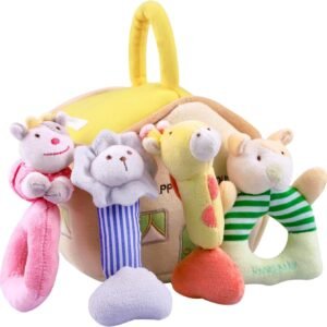 iPlay, iLearn 4 Plush Baby Soft Rattle Set, Hand Grab Sensory Toys, Organic Teether and Shaker, Farm Stuffed Animals, Shower Gifts for 2, 3, 6, 9, 12, 18 Month Olds Newborn, Infant, Toddler, Boy, Girl