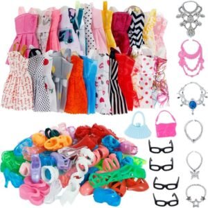 32 Item/Set Doll Accessories=10 Mix Fashion Cute Dress+ 4 Glasses+ 6 Necklaces+2 Handbag+ 10 Shoes Dress Clothes for Barbie Doll