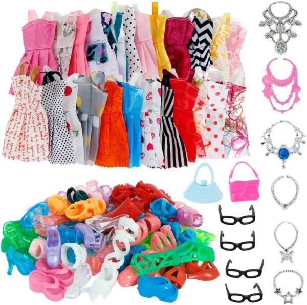32 Item/Set Doll Accessories=10 Mix Fashion Cute Dress+ 4 Glasses+ 6 Necklaces+2 Handbag+ 10 Shoes Dress Clothes for Barbie Doll