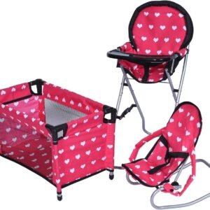 New York Doll Collection Dolls Mega Play set with Dolls High Chair, 3-1 Doll Bouncer and Pack N Play Red-color for 18-inch Dolls