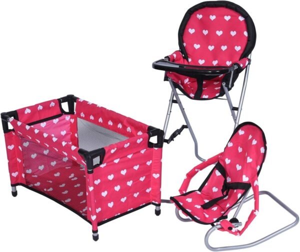 New York Doll Collection Dolls Mega Play set with Dolls High Chair, 3-1 Doll Bouncer and Pack N Play Red-color for 18-inch Dolls