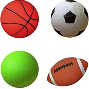 AppleRound Pack of 4 Sports Balls with 1 Pump: 1 Each of 5' Soccer Ball, 5' Basketball, 5' Playground Ball, and 6.5' Football (1-Pack, 4 Balls 1 Pump)