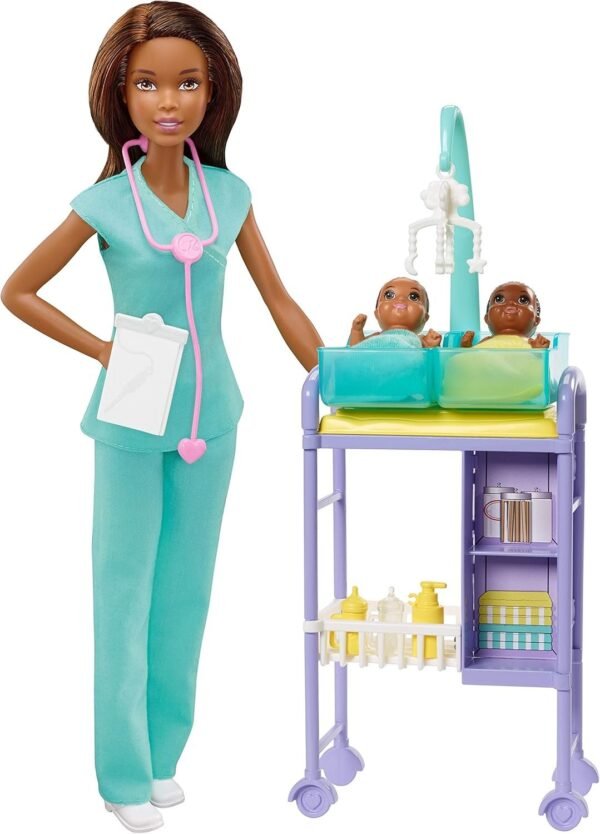 ?Barbie Baby Doctor Playset with Brunette Doll, 2 Infant Dolls, Exam Table and Accessories
