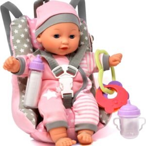 Baby Doll Car Seat with Toy Accessories, Includes 12 Inch Soft Body Doll, Booster Seat Carrier, Rattle Toy, Bib and 2 Bottles, A Travel Gift Set for Toddlers Infants Girls and Boys