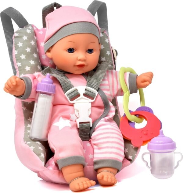 Baby Doll Car Seat with Toy Accessories, Includes 12 Inch Soft Body Doll, Booster Seat Carrier, Rattle Toy, Bib and 2 Bottles, A Travel Gift Set for Toddlers Infants Girls and Boys
