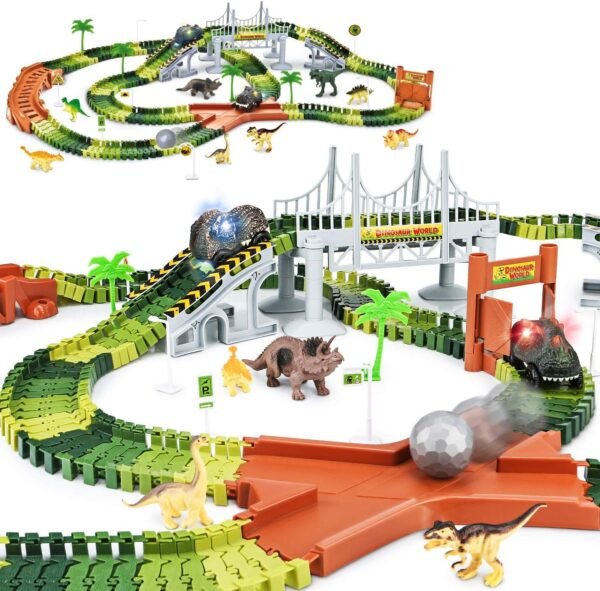 KKONES Dinosaur Toys-273pcs Create A Dinosaur World Road Race-Flexible Track Playset and 2 pcs Cool Dinosaur car for 3 4 5 6 Year & Up Old boy Girls Best Gift (Green)