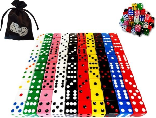 Discount Learning Supplies 100-Piece 16 mm Assorted Colored Dice with Storage Bag