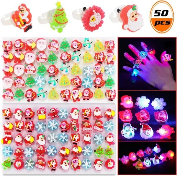 BeautyMood 50PCS Christmas LED Finger Lights, Glow Rings LED Party Favors For Kids And Adults Light Up Toys Rings Stocking Stuffers Party Decorations Assorted Styles Jelly Rings Glow In The Dark Party