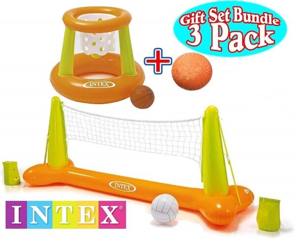 Intex Floating Pool Volleyball Game & Floating Hoops Basketball Game with Exclusive Matty's Toy Stop 4.25' Vinyl Basketball Gift Set Bundle - 3 Pack - Colors May Vary