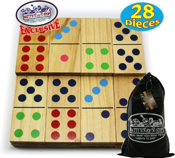 Matty's Toy Stop Deluxe Giant Wooden Dominoes Double Six (5') Color Dot, 28 Piece Set with Storage Bag