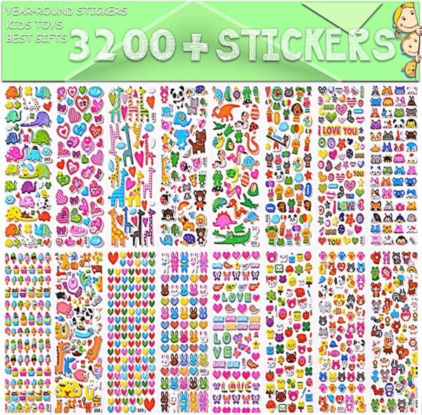 Sinceroduct Stickers for Kids, 3D Puffy Stickers, 64 Different Sheets, 3200+ Stickers, Including Animals, Cars, Trucks, Airplane, Food, Letters, Flowers, Pets and Tons More: Toys & Games