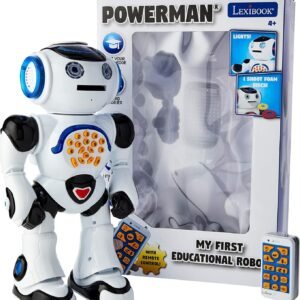 LEXiBOOK ROB50EN_09 Powerman Remote Control Walking Talking Toy Robot, Educational Robot, Dances, Sings, Reads Stories, Math Quiz, Shooting Discs, & Voice Mimicking, Black, White