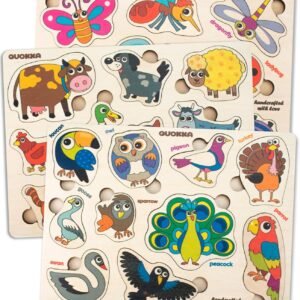 Wooden Puzzles for Toddlers 1 2 3 Year Olds - 3 Pack by Quokka - Kids and Babies Matching Game for Learning Shapes Colors Farm Animals Birds Bugs - Educational Wood Toys for Boys & Girls Ages 1-3
