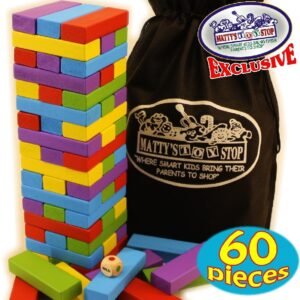 Matty's Mix-Up 60pc Large Colorful Wooden Tumble Tower Deluxe Stacking Game with Storage Bag