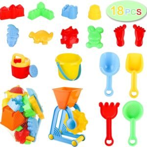 AWEFRANK 18 PCS Beach Sand Toys Set for Kids, Animals & Castle Models, Molds Water Wheel, Sand Sieve, Shovel Tool Kit, Watering Can and Mesh Beach Toy Bag, Fun Outdoor Games for Toddlers