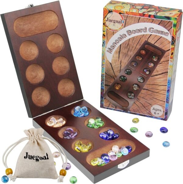 Juegoal Mancala Wood Board Game with Glass Beads for Adult Families Kids 6 Years Old and Up, Folding Travel Size