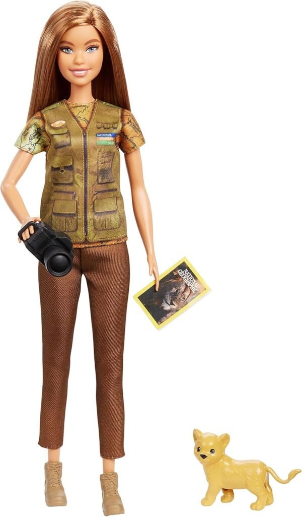 ?Barbie Photojournalist Doll, Brunette with Lion Cub, Camera and Magazine Cover, Inspired by National Geographic