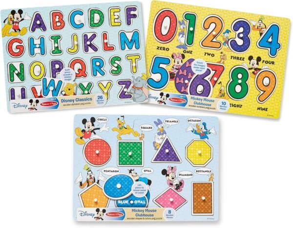 Melissa & Doug Disney Alphabet, Numbers, Shapes and Colors Peg Puzzle Bundle (3 Puzzles)