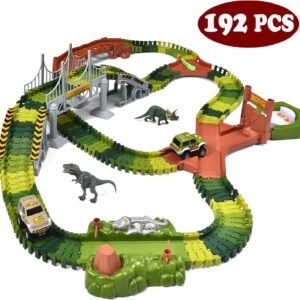 JOYIN Dinosaur Toys 192 Pieces Race Tracks Flexible Train Track Race Car Vehicle Playset with 2 Battery Powered Race Cars and 2 Dinosaur Actions Figures (205 Piece in Total)