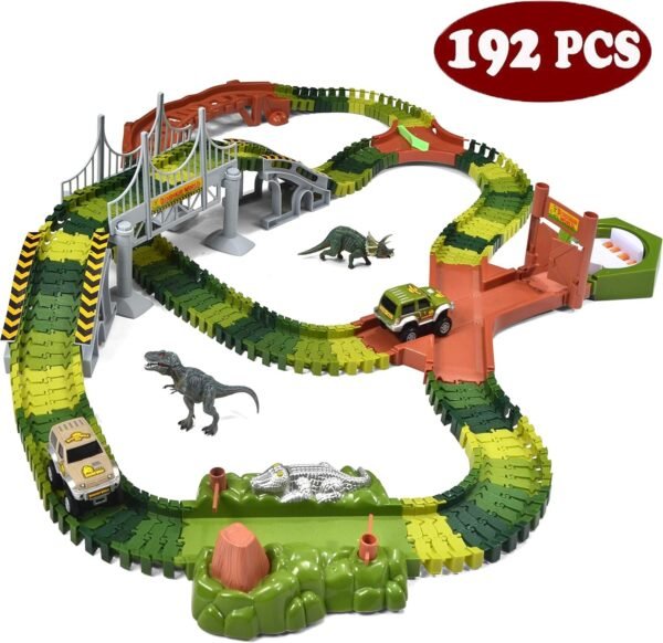 JOYIN Dinosaur Toys 192 Pieces Race Tracks Flexible Train Track Race Car Vehicle Playset with 2 Battery Powered Race Cars and 2 Dinosaur Actions Figures (205 Piece in Total)