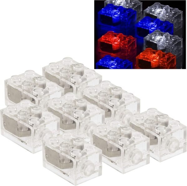 Light Up Building Bricks (8 Count Set) - Red, White, Blue Blocks w/ On/Off & Dim Ability - Compatible w/ All Major Brands