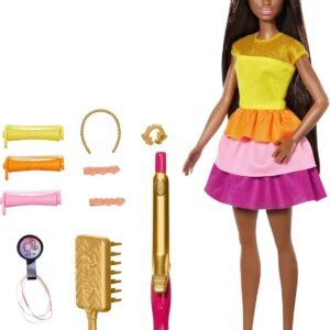 ?Barbie Ultimate Curls Brunette Doll and Hairstyling Playset Assortment with No-Heat Curling Iron and Curlers, Plus Hair Accessories, for Kids 3 to 7 Years Old