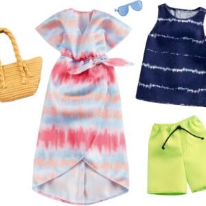 Barbie Fashion Pack with 1 Outfit of Tie-Dye Dress & 1 Accessory Doll & Striped Tie-Dye Tank, Shorts & Accessory for Ken Doll, Gift for 3 to 8 Year Olds