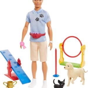 ?Ken Dog Trainer Playset with Doll, 2 Dog Figures, Hoop Ring, Balance Bar, Jumping Bar, Trophy and 2 Winner Ribbon