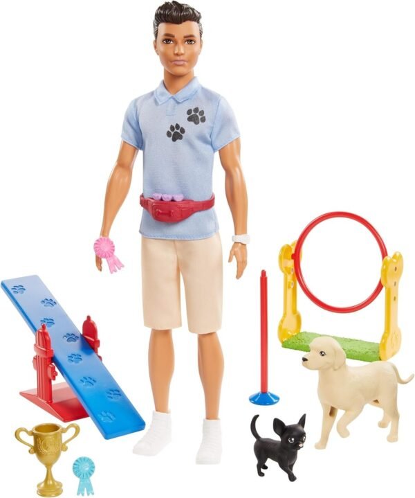 ?Ken Dog Trainer Playset with Doll, 2 Dog Figures, Hoop Ring, Balance Bar, Jumping Bar, Trophy and 2 Winner Ribbon