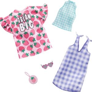 Barbie Clothes: 2 Outfits Doll Include A Strawberry-Print Dress, A Checked Dress and Top, Plus A Strawberry-Decorated Purse and Heart-Shaped Sunglasses, Gift for 3 to 8 Year Olds?