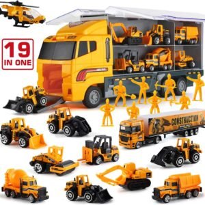 19 in 1 Construction Truck with Engineering Worker Toy Set, Mini Die-Cast Engine Car in Carrier Truck, Double Side Transport Vehicle Play for Child Kid Boy Girl Birthday Christmas Party Favors