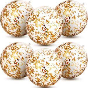 6 Piece Inflatable Glitter Beach Ball Confetti Beach Balls Transparent Swimming Pool Party Ball for Summer Beach Water Play Toy, Pool and Party Favor, 16 Inch (Gold)