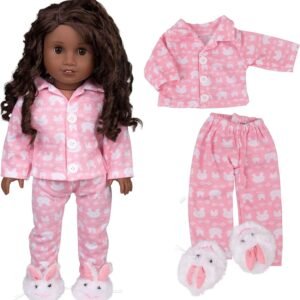 Dress Along Dolly Easter Bunny Pajamas Doll Outfit for American Girl & 18' Dolls (3 Piece Set) - Clothes Include Rabbit Shirt, Pants, & Bunny Slippers - Premium PJs Apparel for Doll