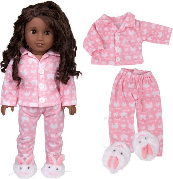 Dress Along Dolly Easter Bunny Pajamas Doll Outfit for American Girl & 18' Dolls (3 Piece Set) - Clothes Include Rabbit Shirt, Pants, & Bunny Slippers - Premium PJs Apparel for Doll
