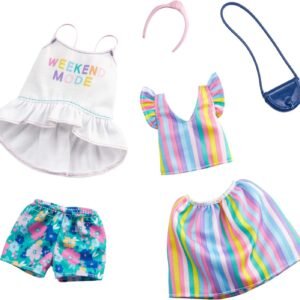 Barbie Clothes: 2 Outfits Doll Include A Top with ?Weekend Mode? Graphic, Floral Shorts and A Striped Top and Skirt with Purse and Headband, Gift for 3 to 8 Year Olds?
