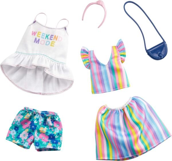 Barbie Clothes: 2 Outfits Doll Include A Top with ?Weekend Mode? Graphic, Floral Shorts and A Striped Top and Skirt with Purse and Headband, Gift for 3 to 8 Year Olds?