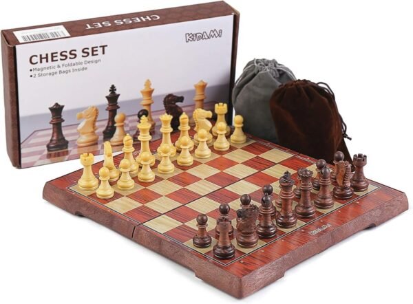 KIDAMI Folding Magnetic Travel Chess Set with 2 Portable Bags for Pieces Storage, Lightweight for Easy Carrying (12.4 x 10.6 Inches), Gift for Chess Lovers and Learners
