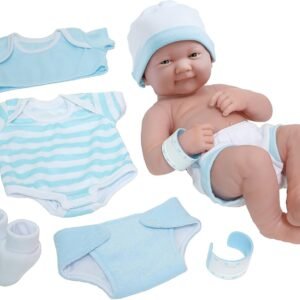 La Newborn Nursery 8 Piece Layette Baby Doll Gift Set, featuring 14' Life-Like Smiling Newborn Doll, Blue