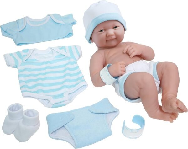 La Newborn Nursery 8 Piece Layette Baby Doll Gift Set, featuring 14' Life-Like Smiling Newborn Doll, Blue